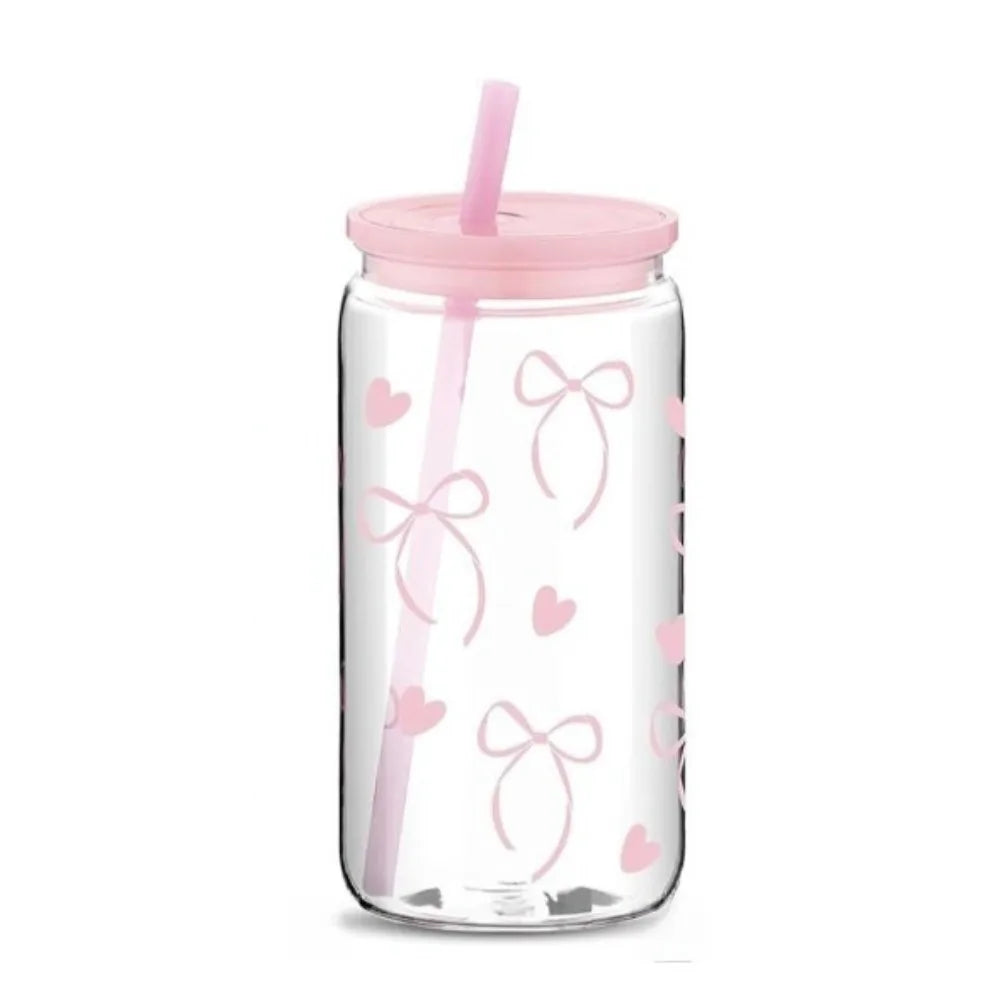 16oz Pink Bow Plastic Thermos Cup with Lid and Straw