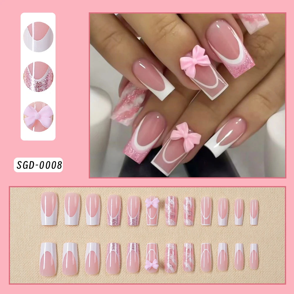 24Pcs Pink Leopard Print French Tips False Nails