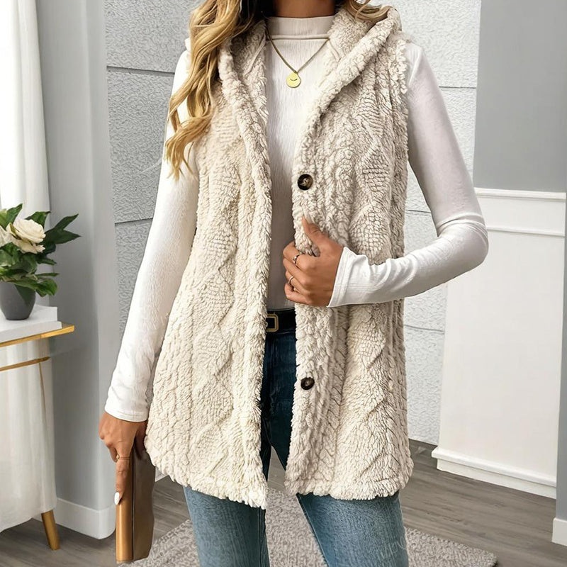Women's Textured Sleeveless Hooded Vest, Button-Front Layering Piece For Fall & Winter Outfits