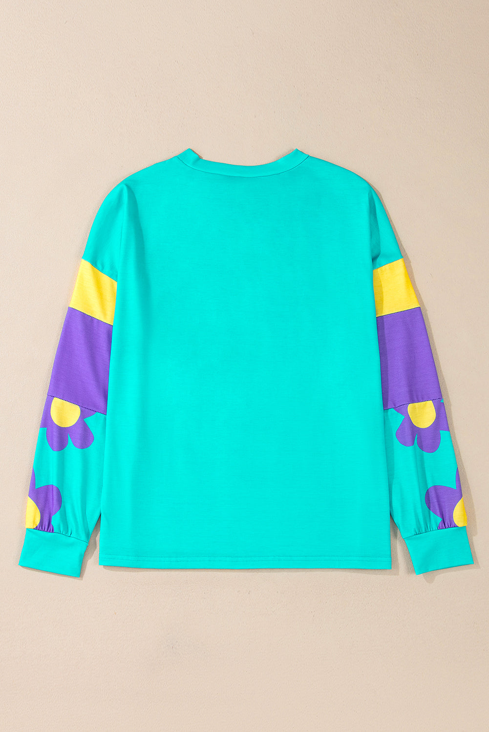 Sky Blue Floral Color Block Long Sleeve Top