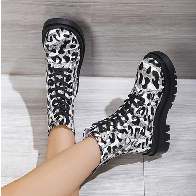 Women Martin Boots Black White Leopard Print Low Heel Shoes Cowgirl Boots