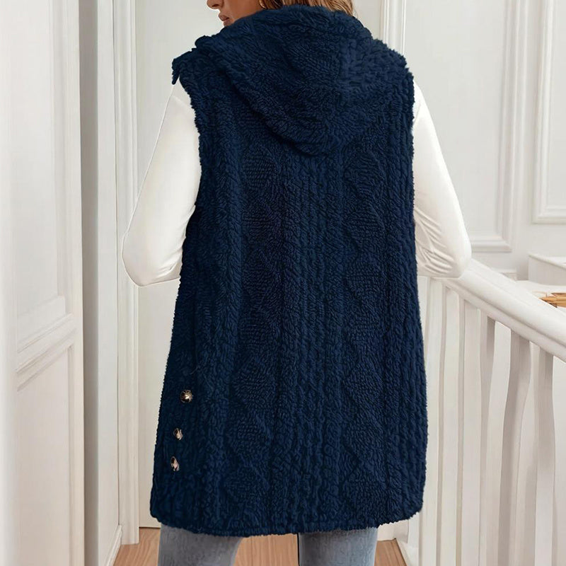 Women's Textured Sleeveless Hooded Vest, Button-Front Layering Piece For Fall & Winter Outfits